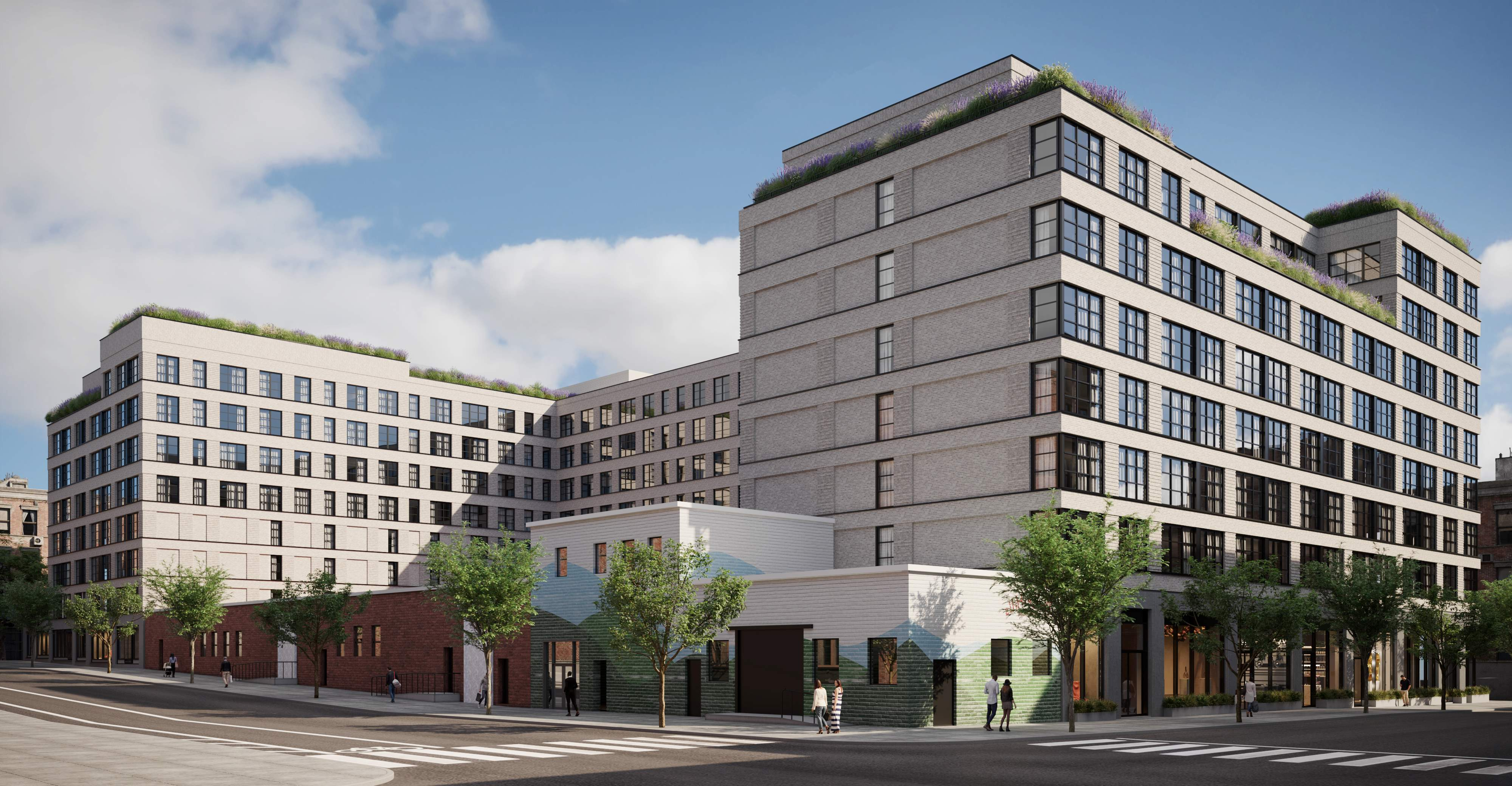 rendering showing low scale buildings on corner