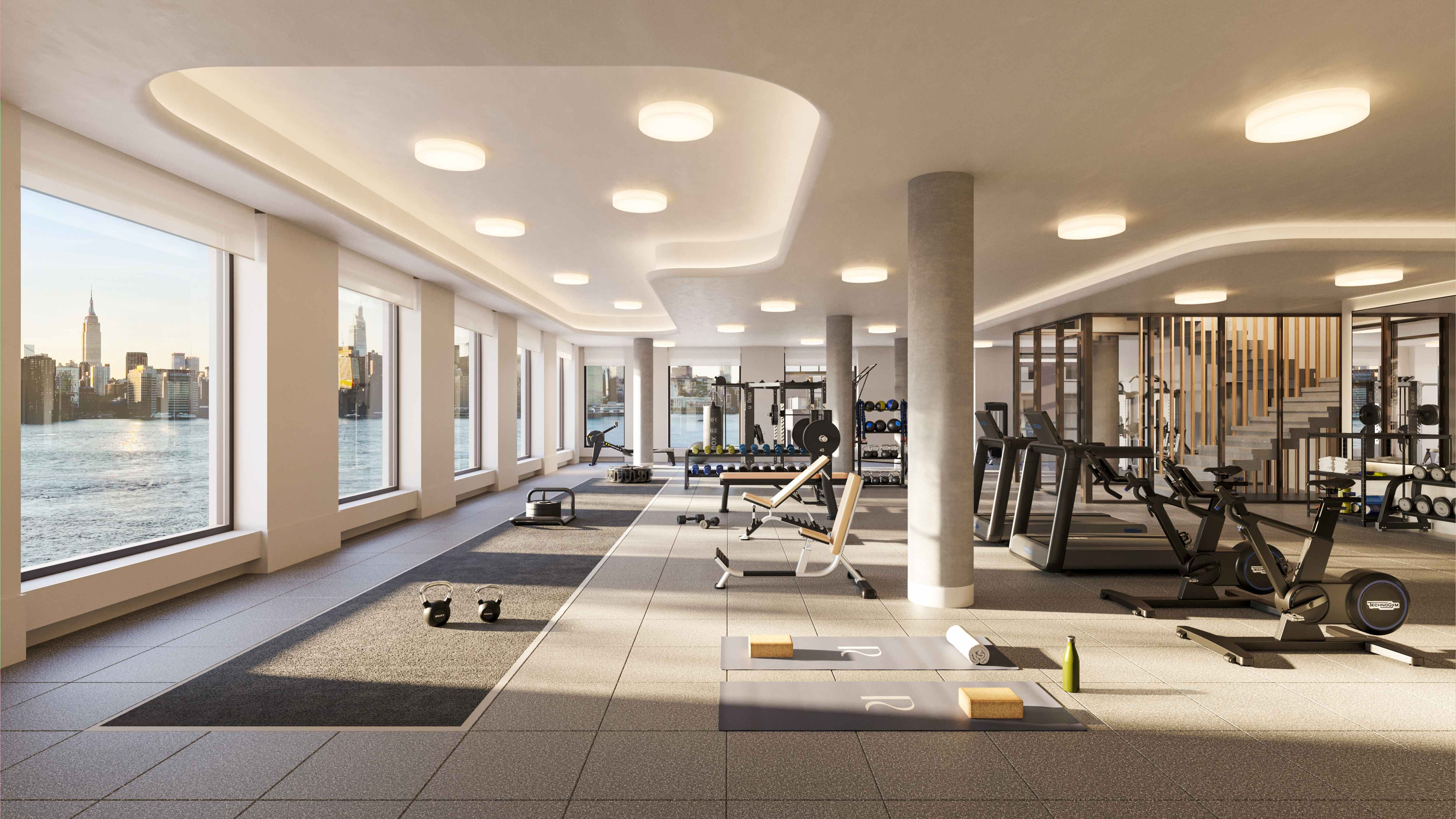 gym with waterfront view