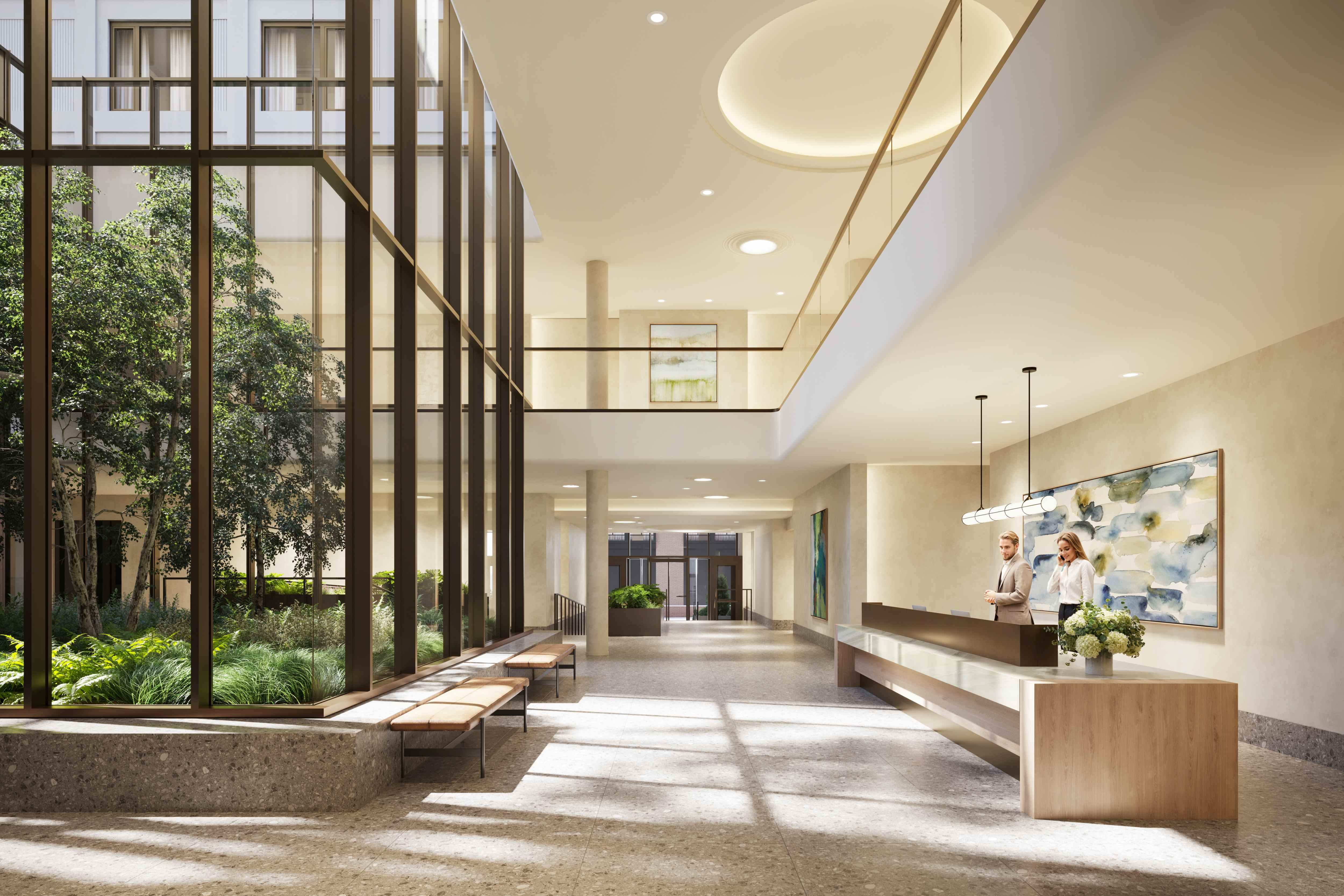 lobby with view of plant-filled atrium