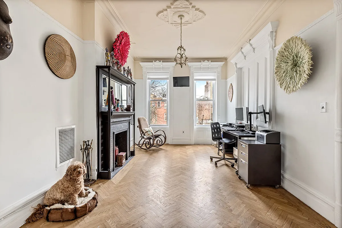 office with mantel, wood floor