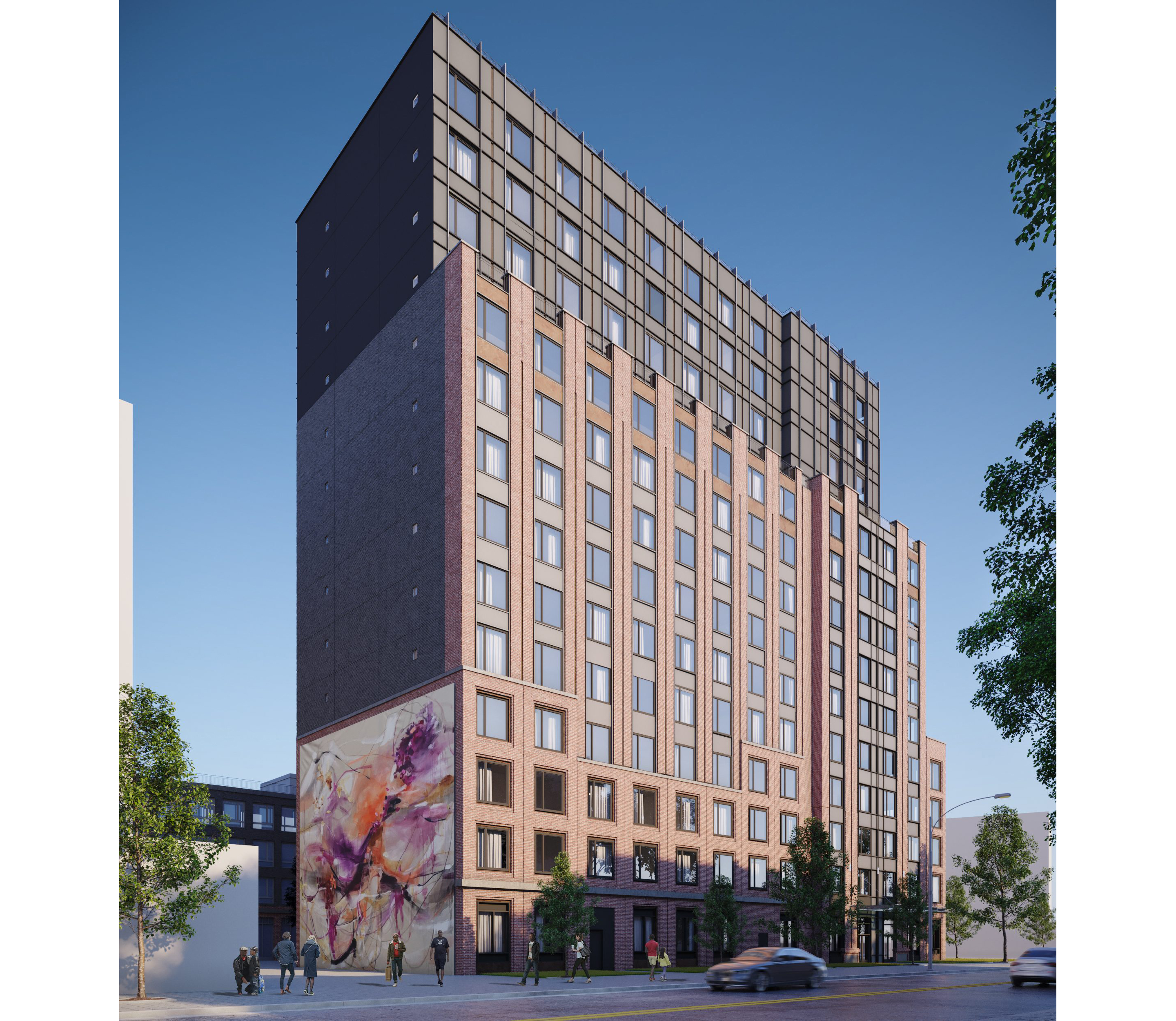 brownsville - rendering of a multi-story building with a mural on the side
