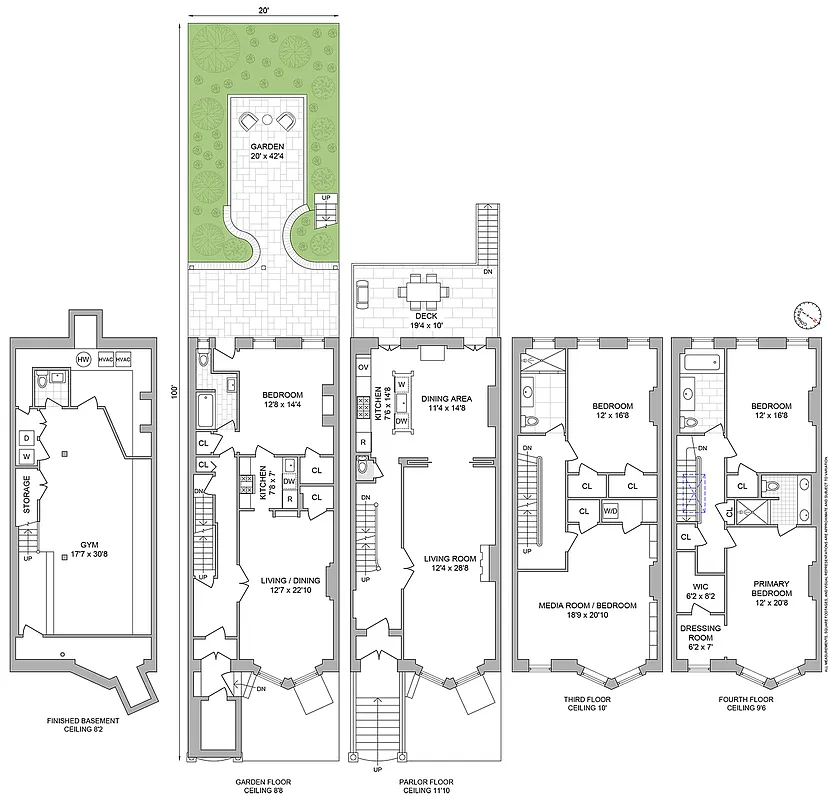 floor plan showing garden level apartment and a triplex above
