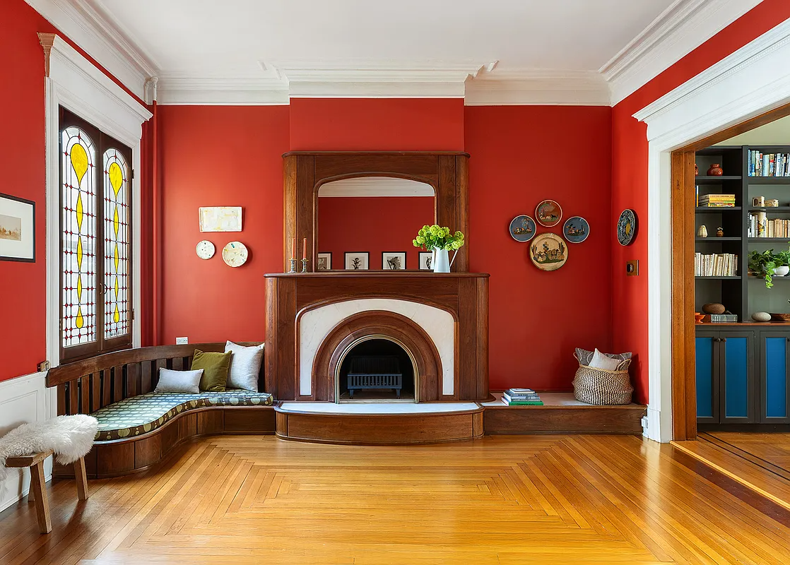 open house - park slope parlor with mantel and built-in benches