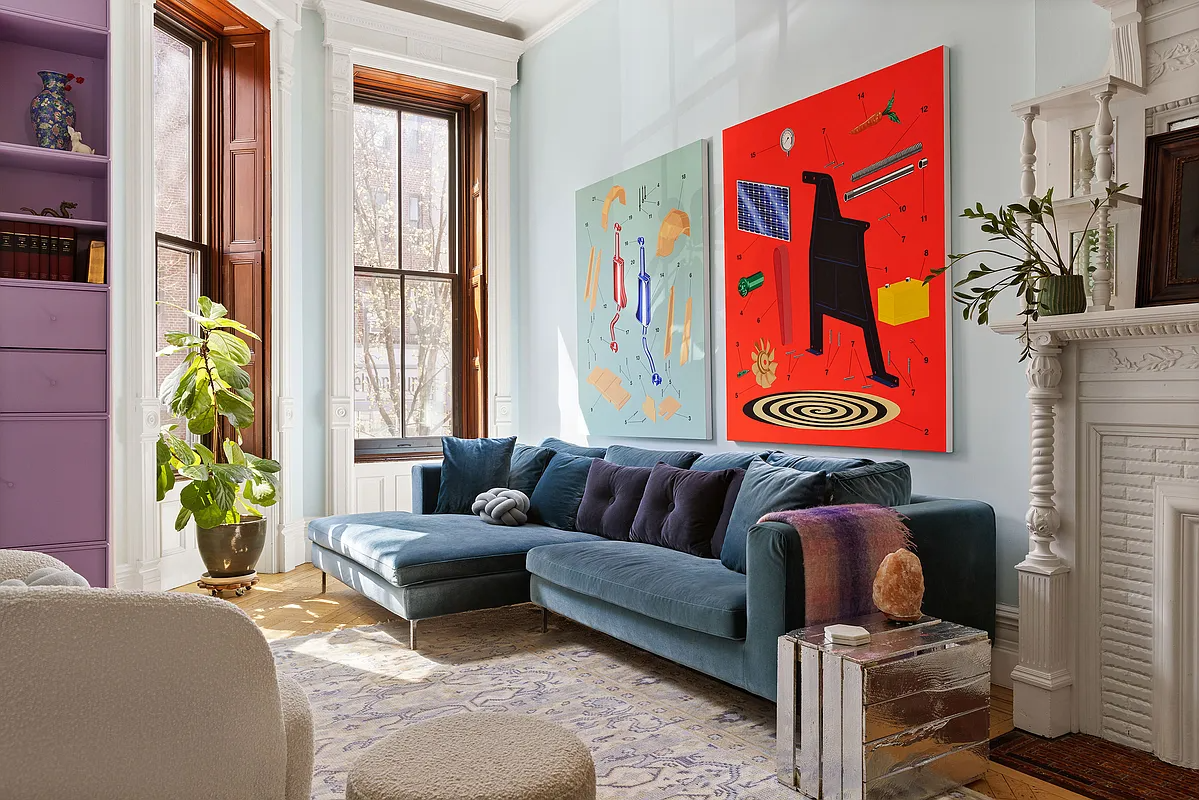 prospect heights - living room with tall ceiling, mantel